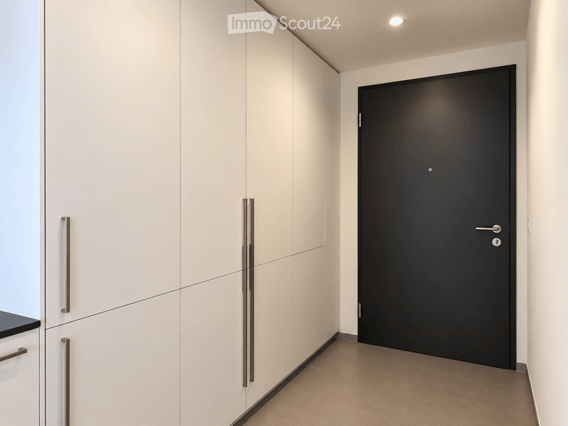 Modern hallway with white built-in cabinets, a closed black door, and recessed lighting.