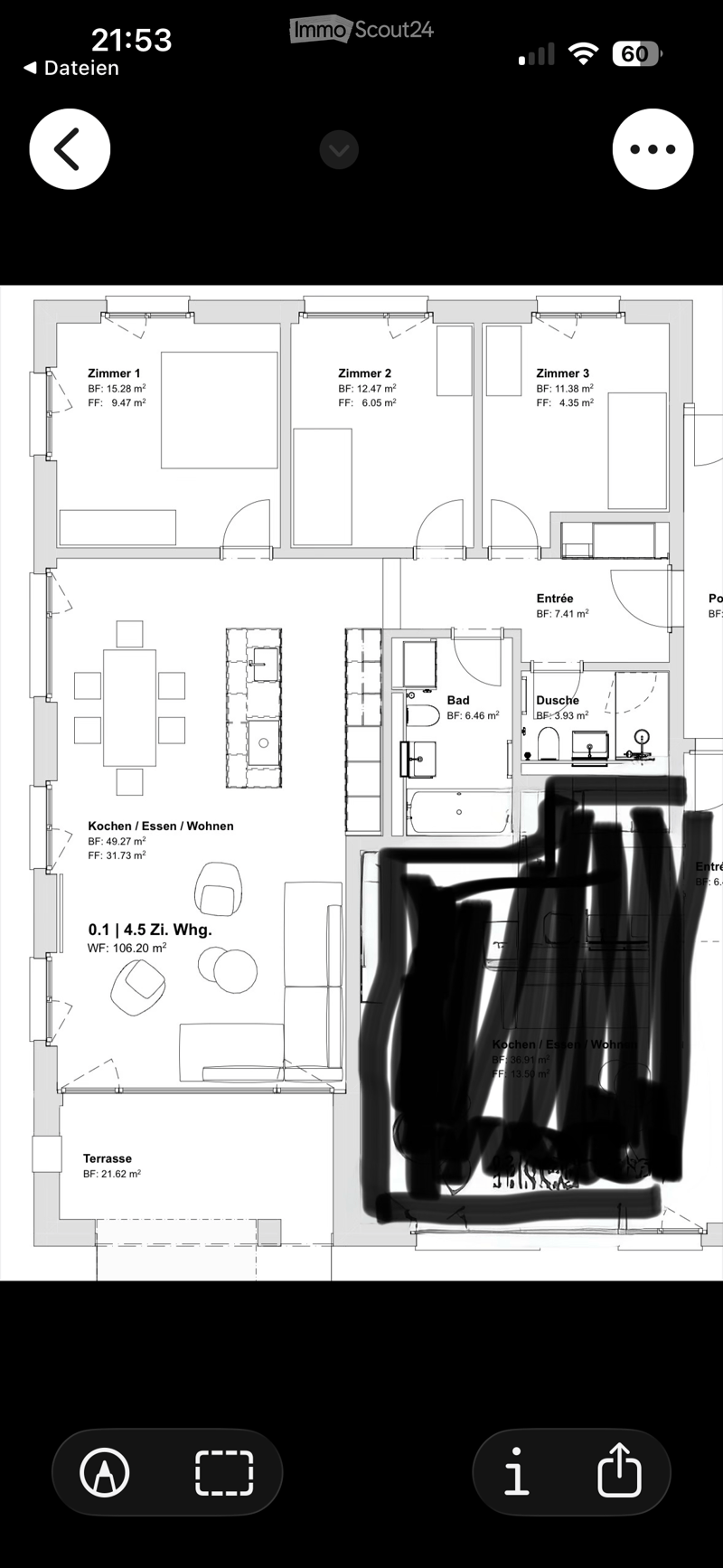 Floor plan of a 4.5-room apartment with 106.20 m² total area, including three bedrooms, a kitchen/dining/living area, a bathroom, a shower, an entrance, and a terrace.