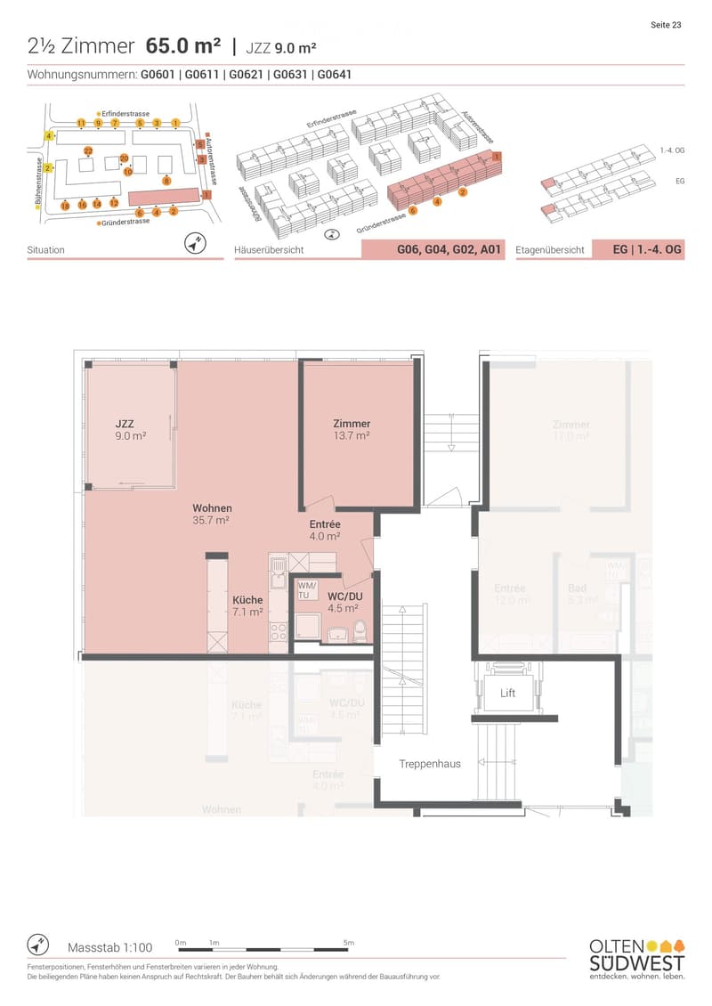 Floor plan of a 2.5-room apartment with 65.0 m² total area, including living room, kitchen, bathroom, and entrance area.
