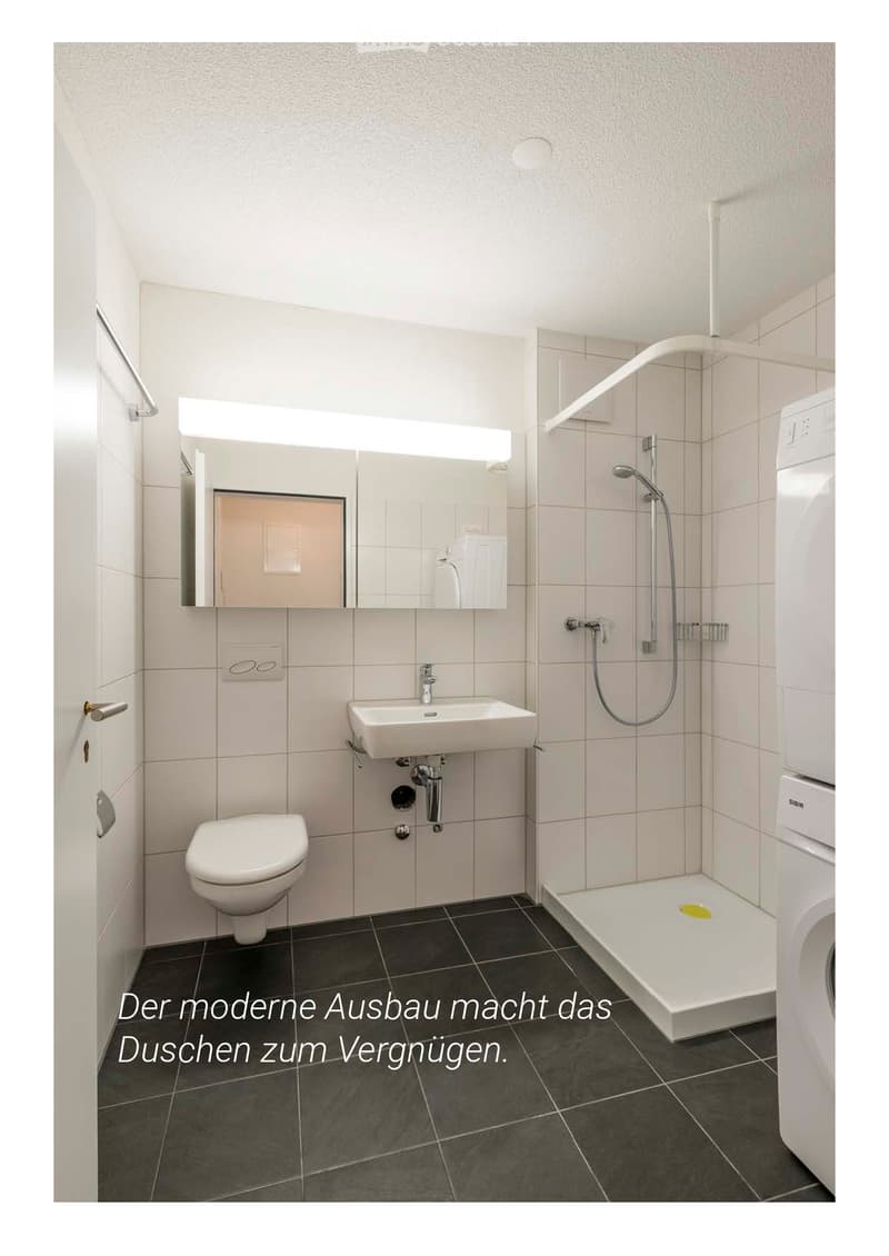 Modern bathroom with a toilet, sink, shower, mirror, and washing machine. Features tiled walls and dark tiled flooring.