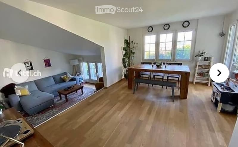 Open-plan living and dining area with wooden flooring, large windows, a grey sectional sofa, coffee table, dining table with benches, shelves, and plants.