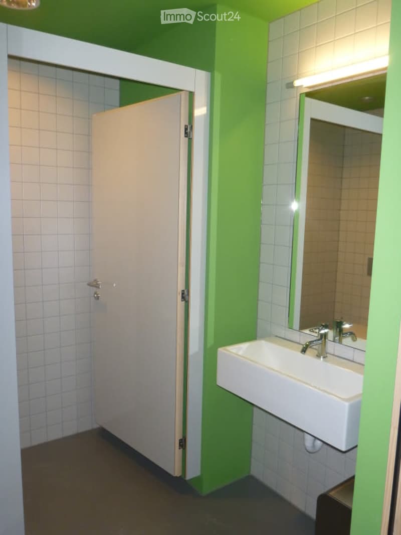 Modern bathroom with green accent wall, white tiled walls, a white sink with chrome faucet, and a mirror above it. A closed door leads to another room.