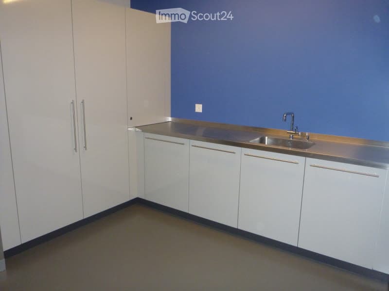 Empty kitchen with white cabinets, stainless steel countertop, and sink. No appliances or furniture present.