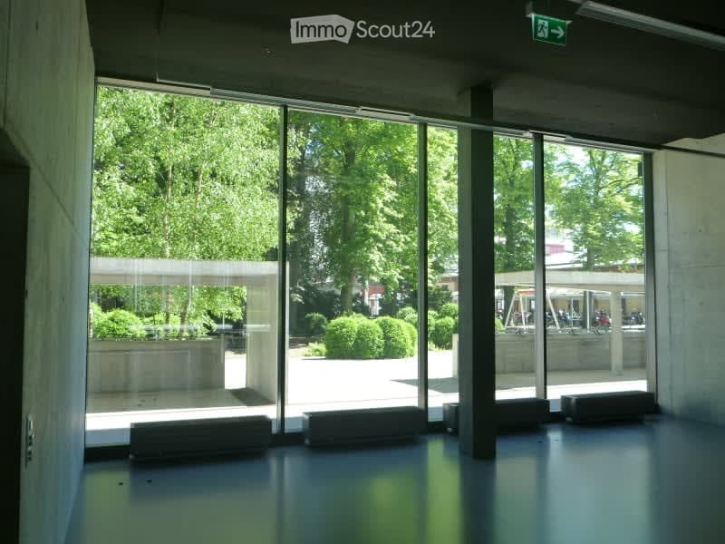 Modern hallway with large glass windows, allowing natural light and a view of the outdoor area with trees and greenery.