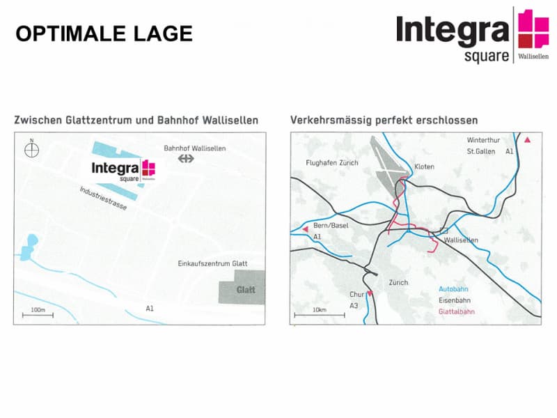 Floor plan showing location details of Integra square Wallisellen, including proximity to Glattzentrum, Bahnhof Wallisellen, and major transportation routes like A1, A3, and Autobahn.