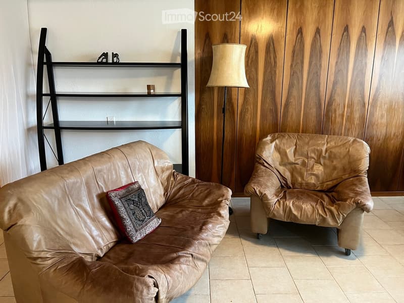 Living room with a brown leather sofa, matching armchair, floor lamp, and a black metal shelf with decorative items.