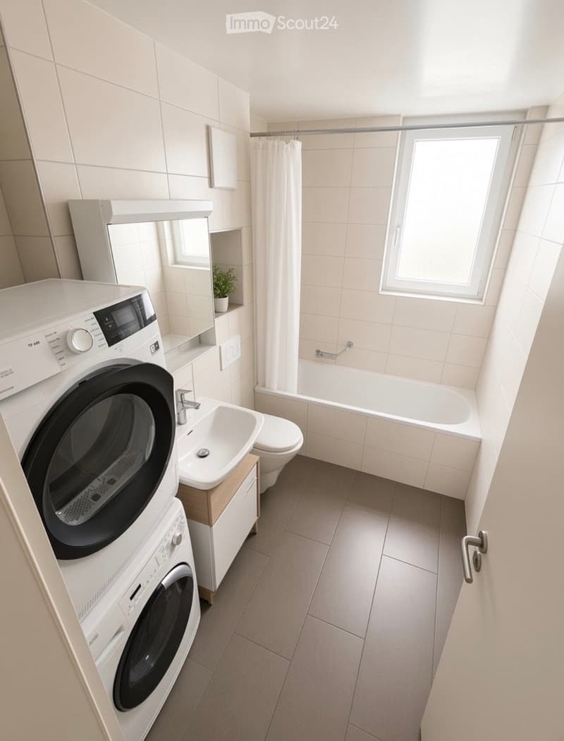 Modern bathroom with white tiles, bathtub, toilet, sink, washing machine, and a small plant on the windowsill.
