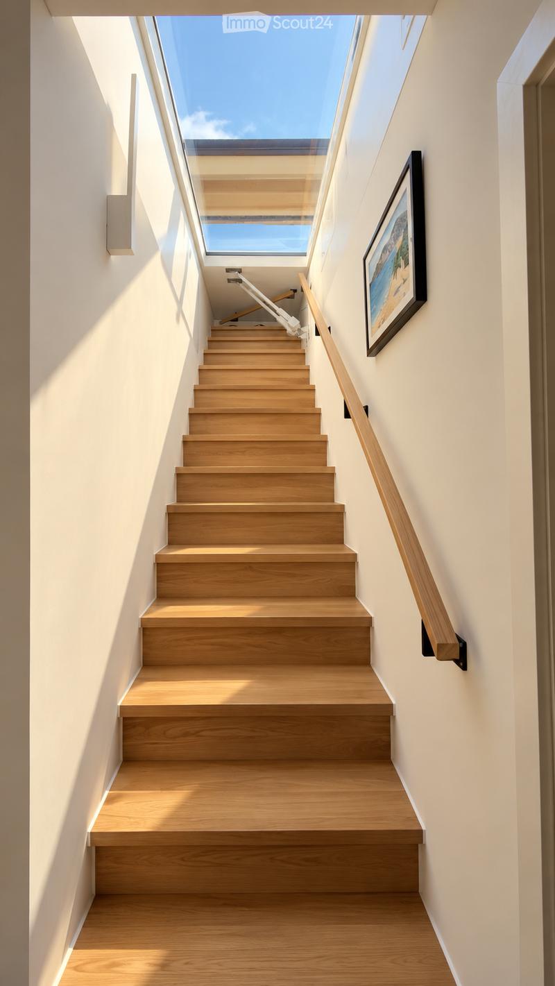 Modern wooden staircase with a sleek wooden handrail, illuminated by natural light from a skylight above, featuring a framed picture on the wall.
