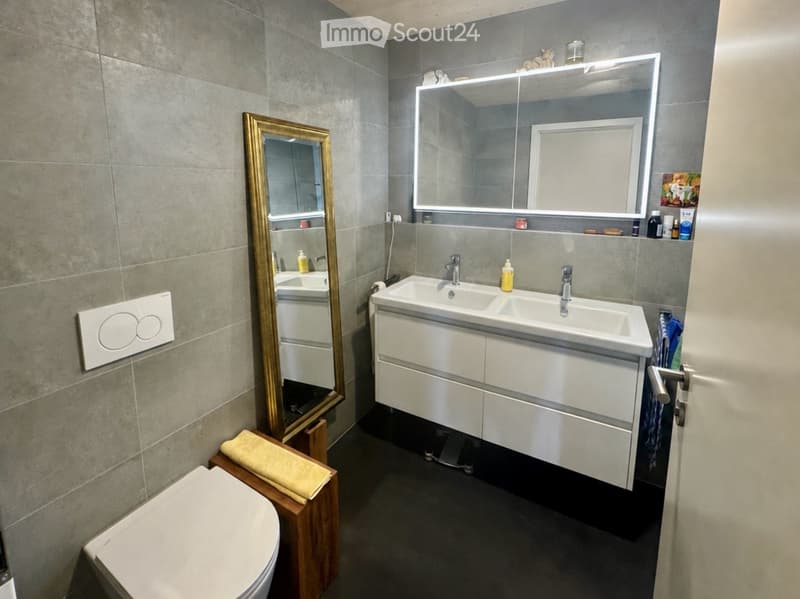 Modern bathroom with double sink, large mirror, toilet, and wooden cabinet. Grey tiled walls and dark flooring.