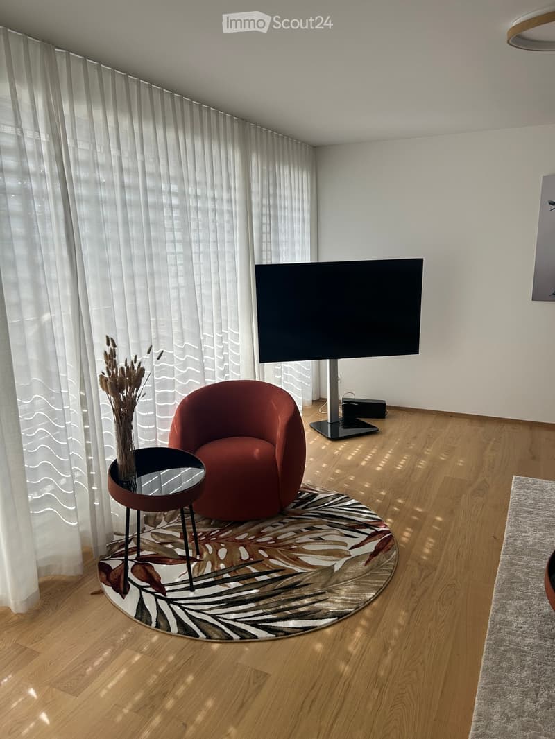 Modern living room with wooden flooring, large window with white curtains, red armchair, small round table, television on stand, and decorative rug.