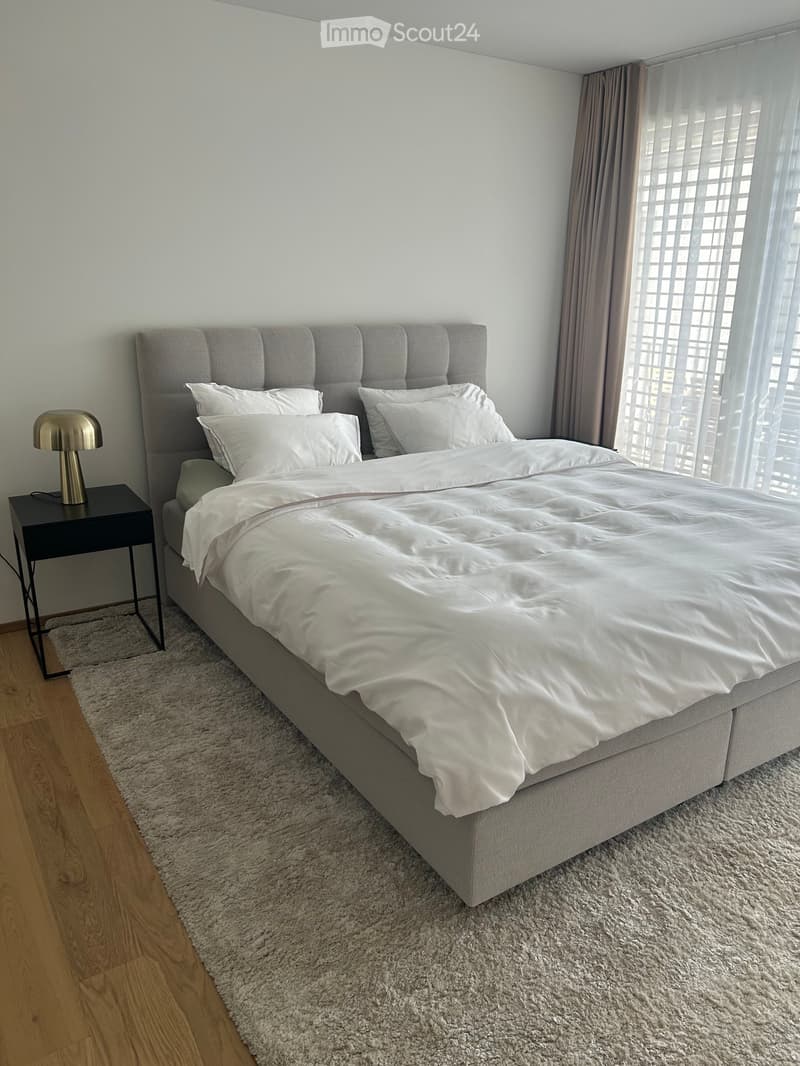A modern bedroom with a large bed, white bedding, a tufted headboard, a nightstand with a lamp, and a shaggy rug on a wooden floor.