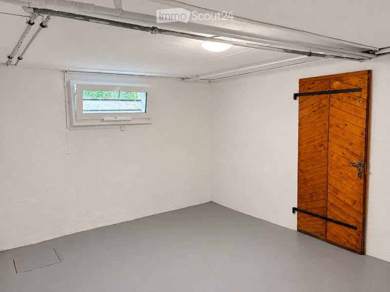 Empty room with white walls, grey floor, wooden door, and small window showing greenery outside.