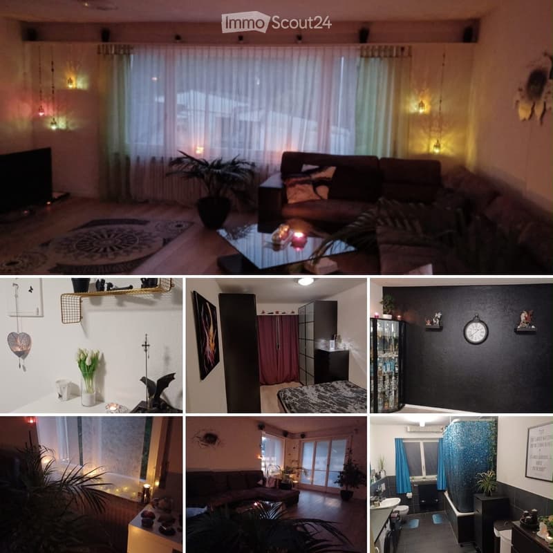 A collage of interior spaces including a living room with a sofa and coffee table, a bedroom with a bed and wardrobe, a bathroom with a sink and toilet, and a hallway with a plant and mirror.