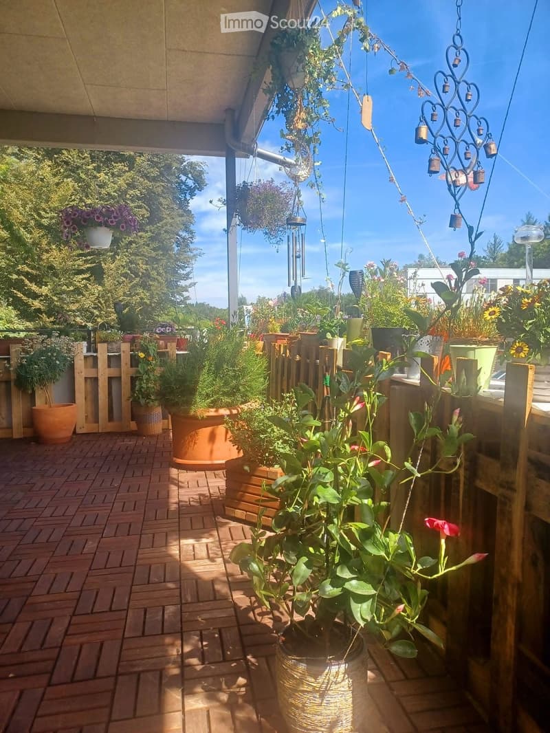 A sunny outdoor area with a brick-paved floor, numerous potted plants, and hanging flower baskets. The space is enclosed by wooden railings and features decorative wind chimes and a clear blue sky in the background.