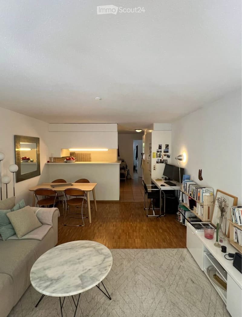A modern, open-concept living and dining area with a sofa, coffee table, dining table, chairs, desk, computer, bookshelf, and decorative items.