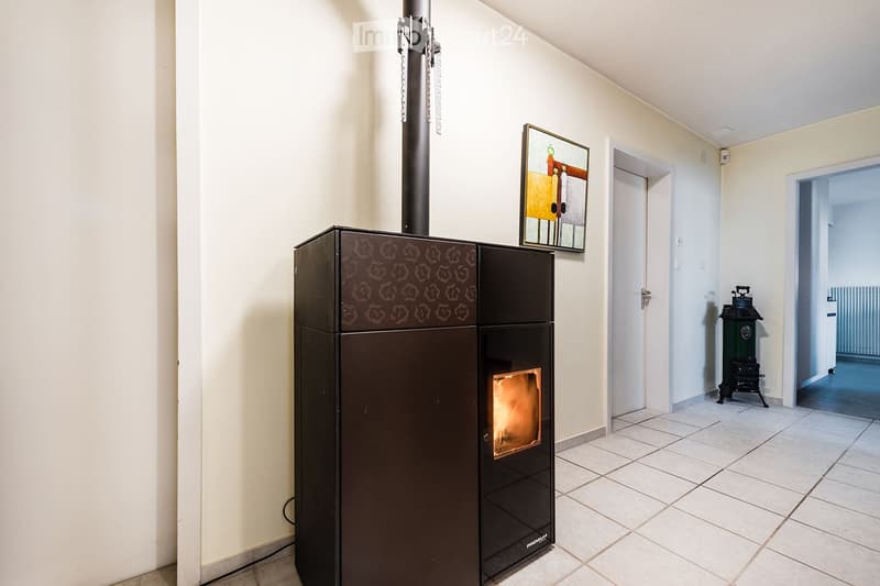 Hallway with a modern wood-burning stove, a painting on the wall, and a small black stove in the background.