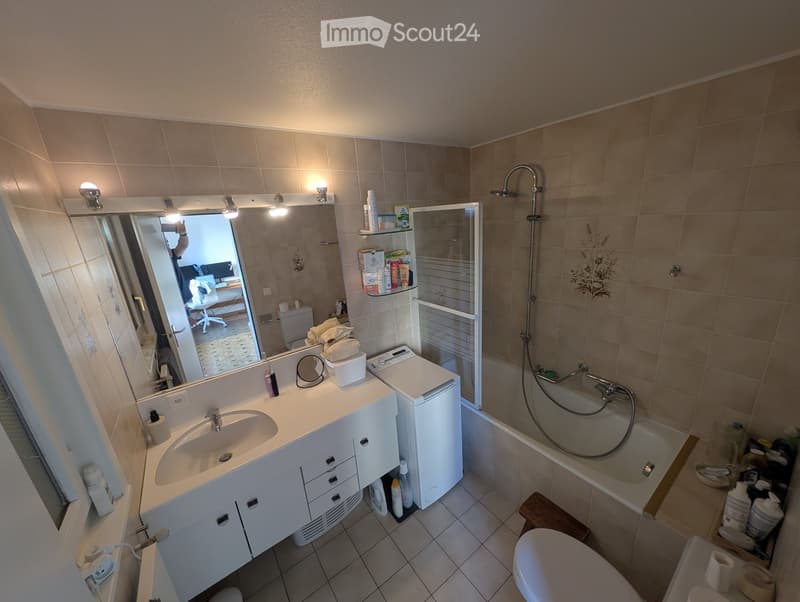 Bathroom with a sink, mirror, bathtub, toilet, and a small washing machine. The room features tiled walls and floor, with a glass shower enclosure and a wooden stool near the bathtub.