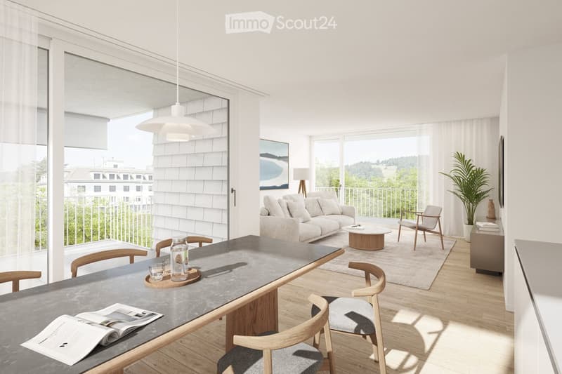 Bright living room with large windows and balcony access, featuring a sofa, coffee table, dining table with chairs, and a potted plant.