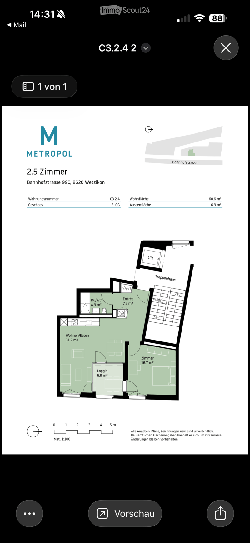 Floor plan of a 2.5-room apartment with a living/dining area, bedroom, bathroom, entrance, and loggia.