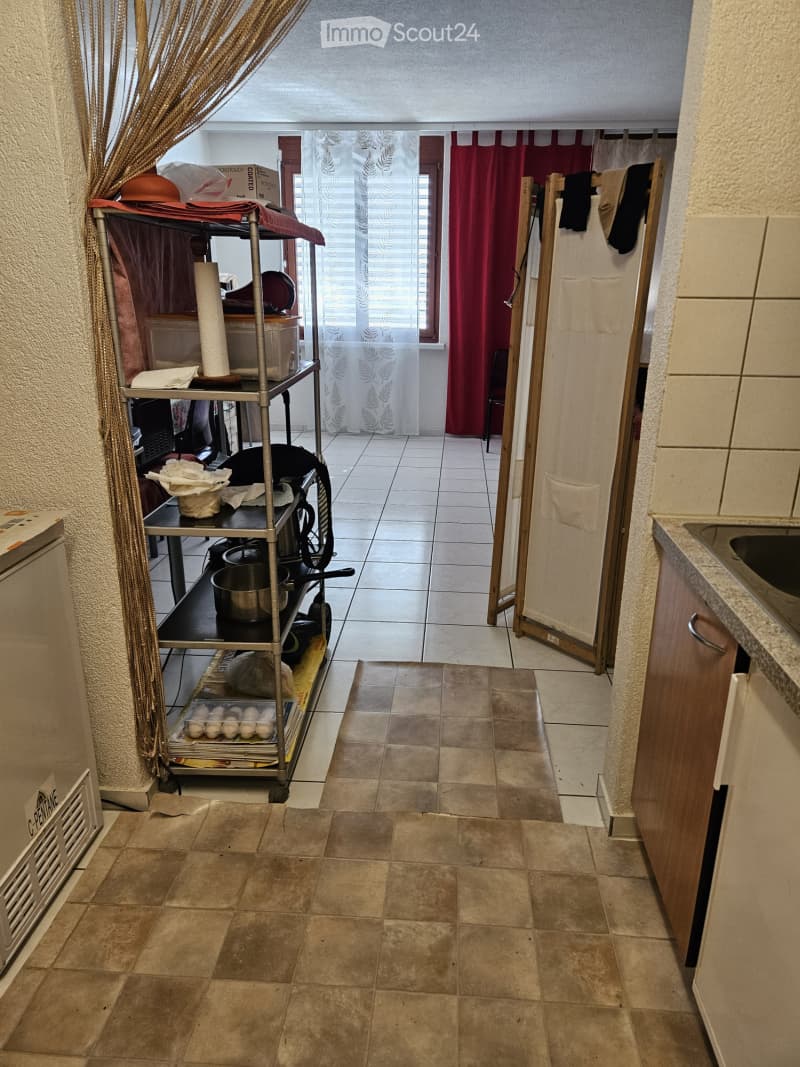 A narrow hallway with tiled floors, leading to a kitchen area. Visible items include a metal cart with various items, a window with curtains, and a door with hanging clothes.
