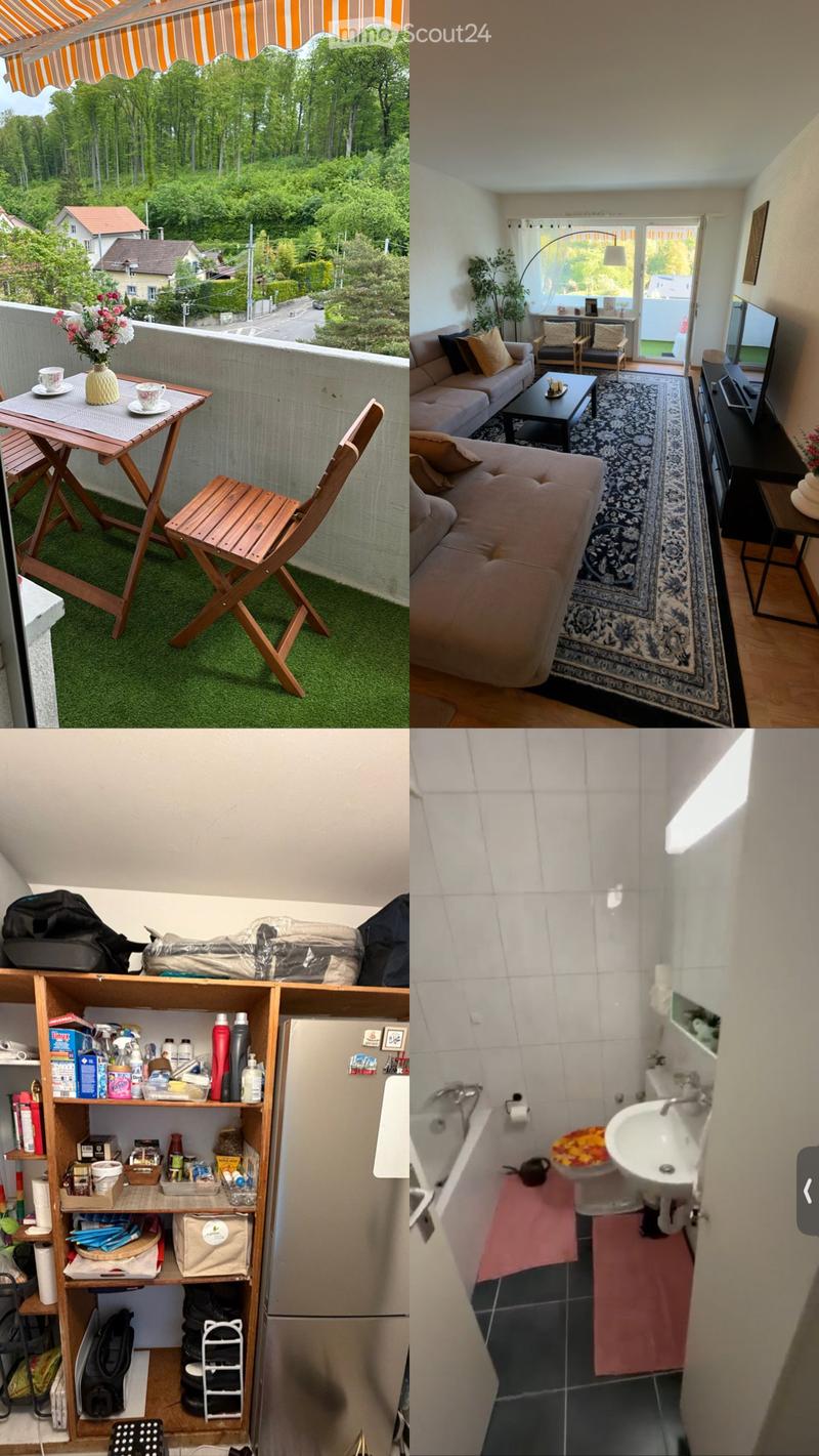 The collage shows a balcony with a small table and chairs, a living room with a sofa, coffee table, armchairs, and TV, a small kitchen area with a refrigerator and shelves, and a bathroom with a sink and mirror.