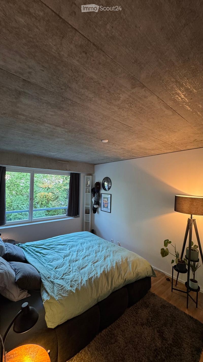 Modern bedroom with a large bed, pillows, and a blanket. Features a floor lamp, table lamp, small plant, shelf with items, mirror, and picture frame. Large window with curtains allows natural light to enter.