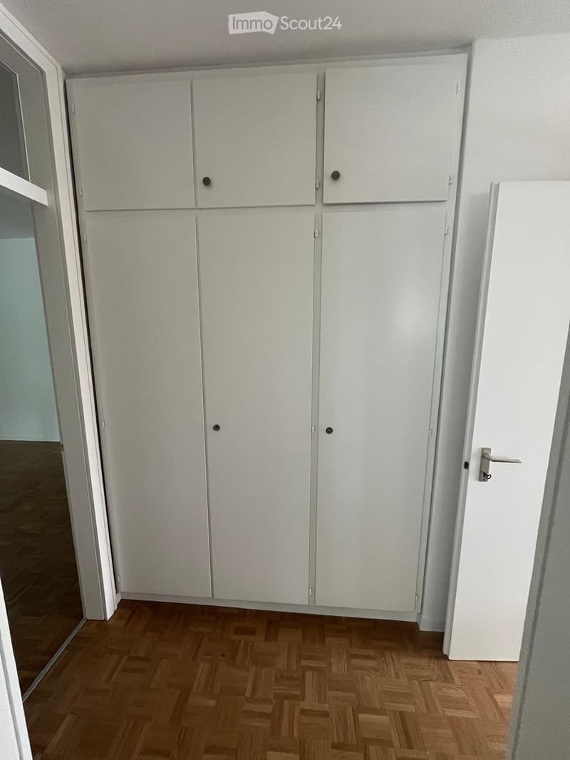 Empty room with white cabinets and wooden flooring.