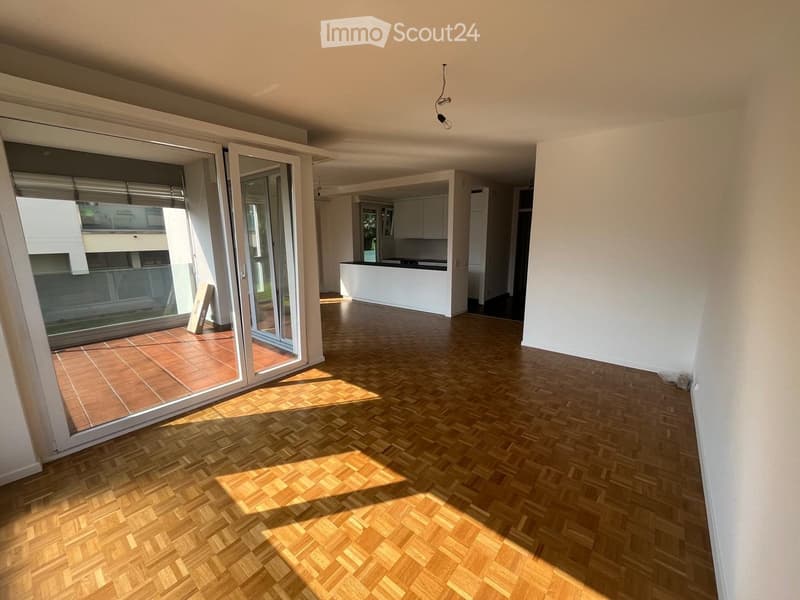 Bright, unfurnished living space with wooden herringbone flooring, large sliding glass doors leading to a tiled balcony area, and a visible kitchen area with white cabinets and a countertop.