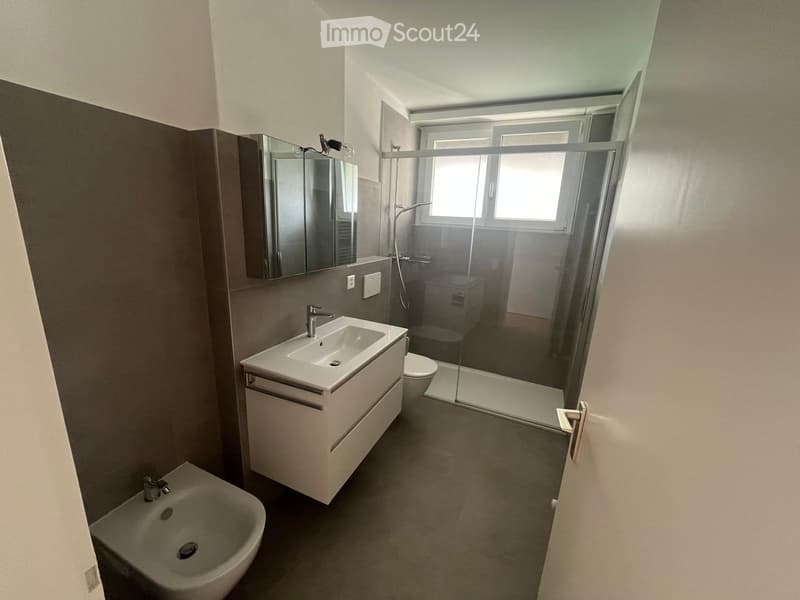 Modern bathroom with a white sink, mirror, toilet, bathtub, and glass-enclosed shower area. Features a sleek design with neutral tones and contemporary fixtures.