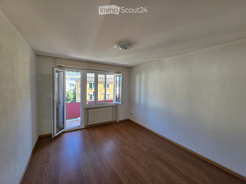 Empty room with wooden flooring, white walls, large window with open shutters, radiator, and a ceiling light fixture.