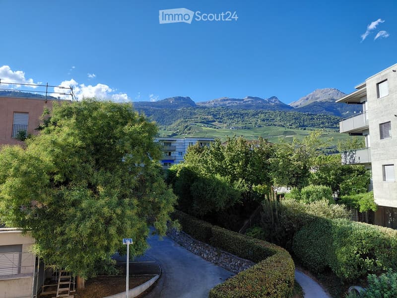 A scenic outdoor view with a winding road surrounded by lush greenery, trees, and distant mountains under a clear blue sky.