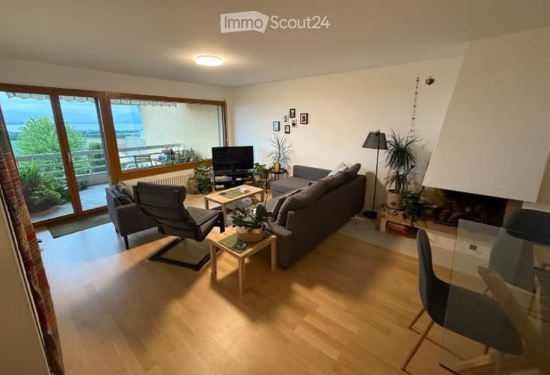 Bright living room with large windows offering a scenic view, featuring a grey sofa, coffee table, armchair, TV, floor lamp, fireplace, and a small dining area with a glass table and chairs.