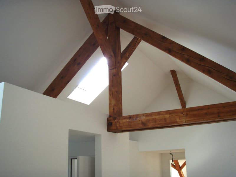 A modern hallway with exposed wooden beams and a skylight, featuring white walls and a clean, minimalist design.
