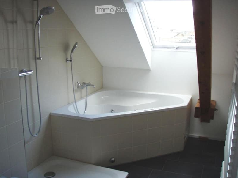 Modern bathroom with a corner bathtub, showerhead, and a skylight window above the tub.