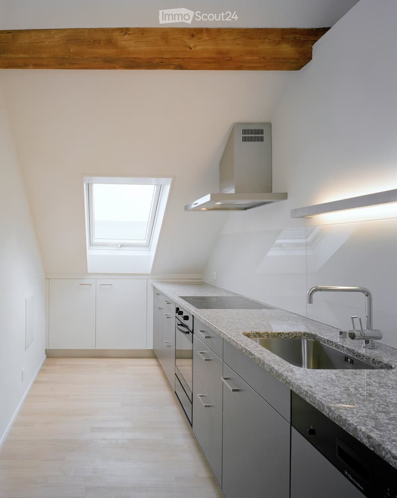 Modern kitchen with white cabinets, granite countertop, stainless steel sink and faucet, built-in oven, and range hood. Features a skylight window and wooden flooring.