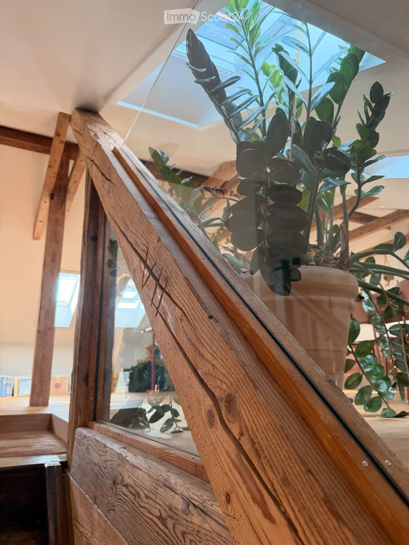 Wooden staircase with a glass railing, featuring a potted plant on the landing. The staircase has a modern design with a wooden handrail and steps.