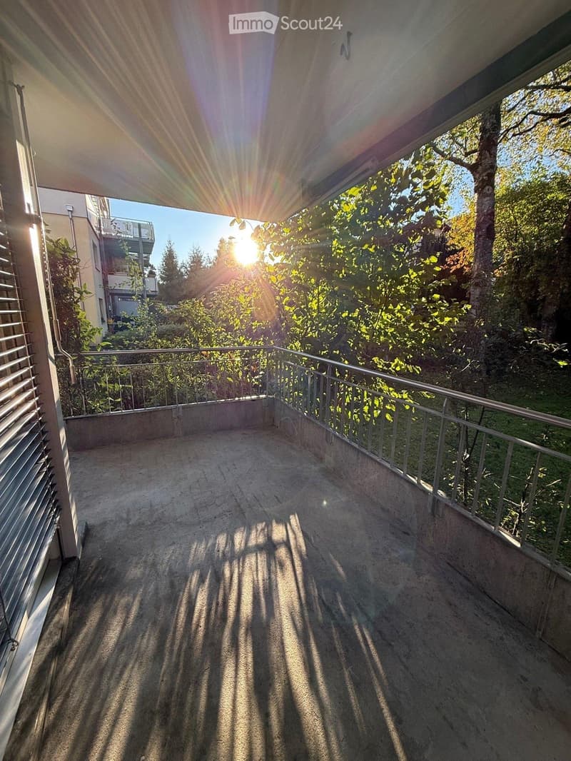 Balcony with metal railing, concrete floor, and lush greenery in the background.