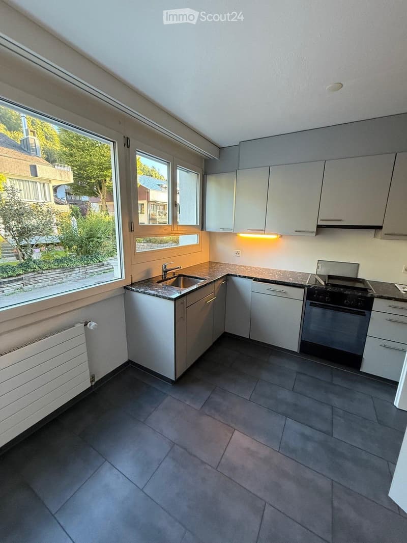 Modern kitchen with white cabinets, granite countertops, stainless steel sink, and stove. Large windows provide natural light and a view of the garden.
