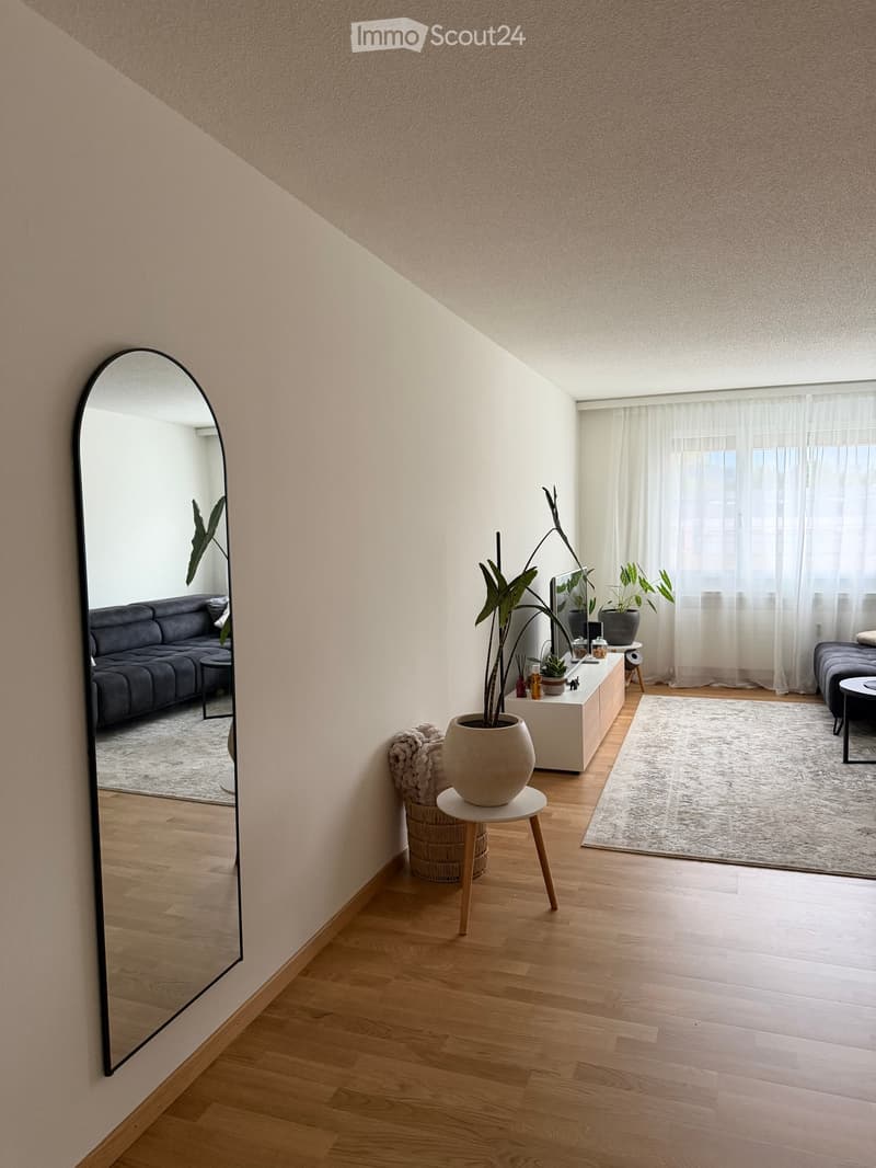 Modern living room with light wooden flooring, large mirror, grey sofa, coffee table, and decorative plants.