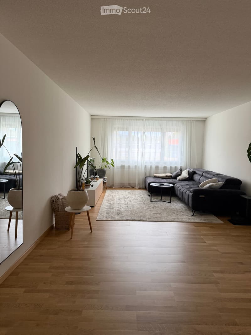 Modern living room with light wooden flooring, large windows with white curtains, a dark grey sectional sofa, a small coffee table, side tables with potted plants, and a large mirror on the wall.