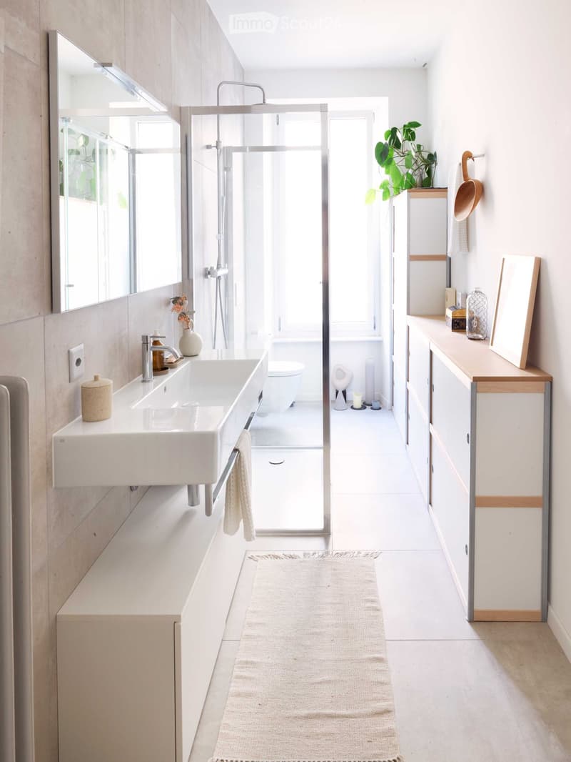 Modern bathroom with a white sink, mirror, and cabinet. Features a glass-enclosed shower area with a modern faucet and a toilet. Includes decorative items like a vase, plant, and a small rug on the floor.