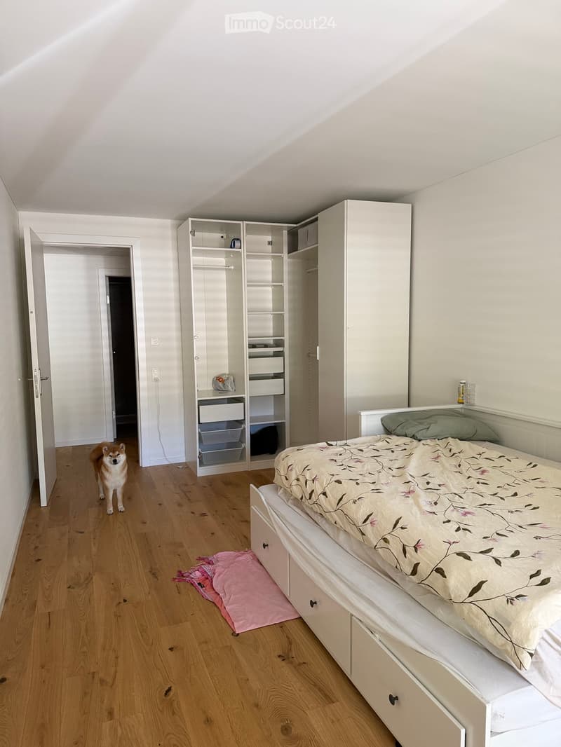 A modern bedroom with a bed, a wardrobe, and a drawer. The room features wooden flooring and white walls.