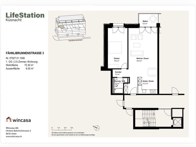 Floor plan of a 2.5-room apartment with living/dining area, bedroom, entrance/kitchen, bathroom/WC, hallway, and balcony.