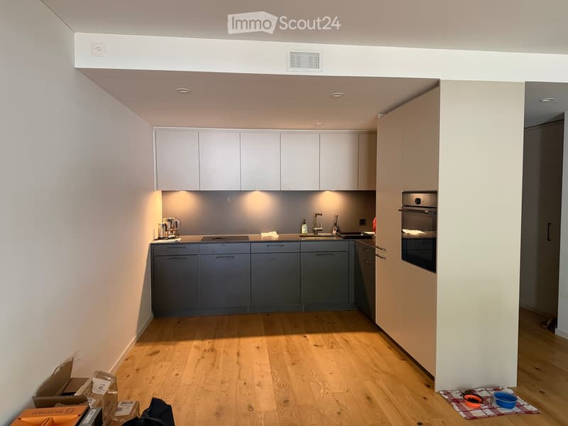 Modern kitchen with light grey upper cabinets, dark grey lower cabinets, and a wooden floor. Features a sink, faucet, oven, and coffee maker on the counter.