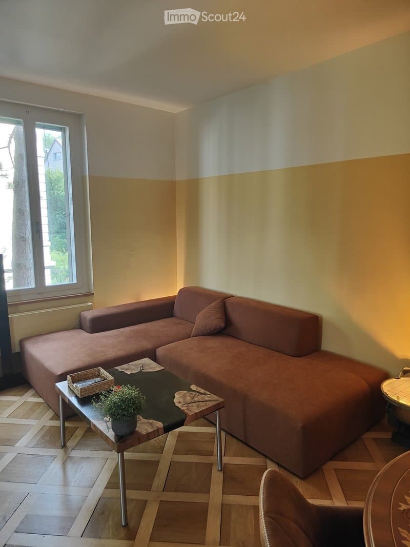Living room with a brown sectional sofa, a black coffee table with a potted plant, a wicker basket, and a side table with a lamp.