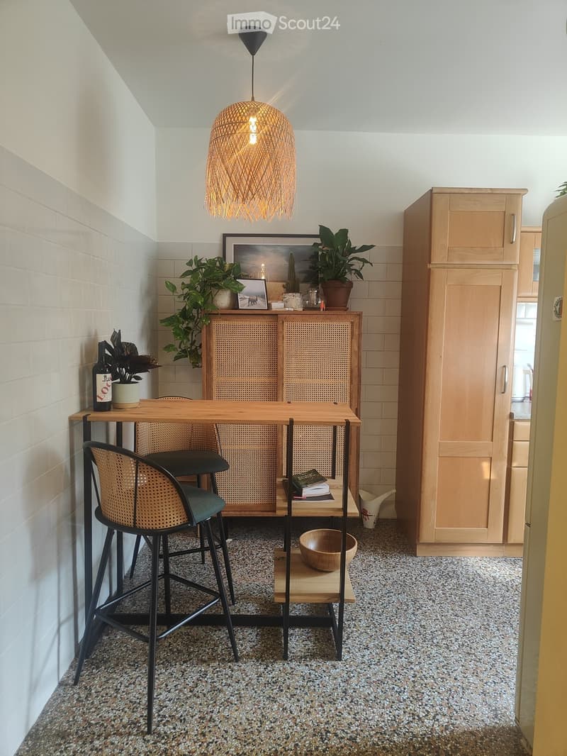 A modern, compact dining area with a wooden table, two wicker chairs, a pendant light, and a cabinet with a woven front. The space includes plants, a bottle, and a bowl on the floor.
