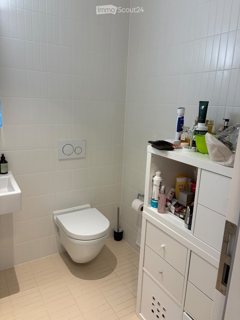 Modern bathroom with white tiles, a toilet, a sink, a cabinet with cosmetics, and a toilet paper holder.