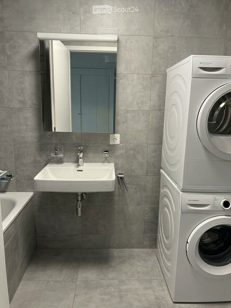Modern bathroom with a white sink, mirror, bathtub, and stacked washing machine/dryer unit.