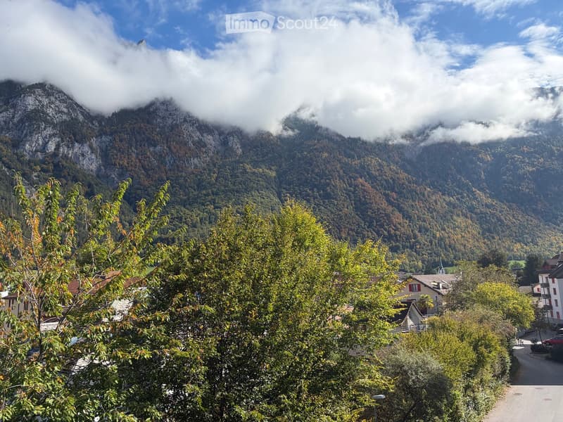 A scenic view of a village nestled in a lush valley surrounded by mountains, with trees in the foreground and a partly cloudy sky above.