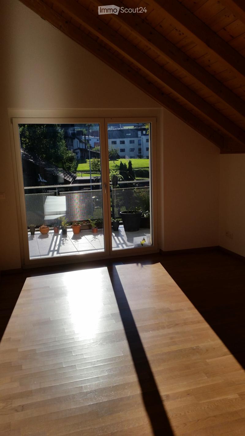 Bright, empty attic room with wooden flooring and large sliding glass doors leading to a balcony with potted plants.